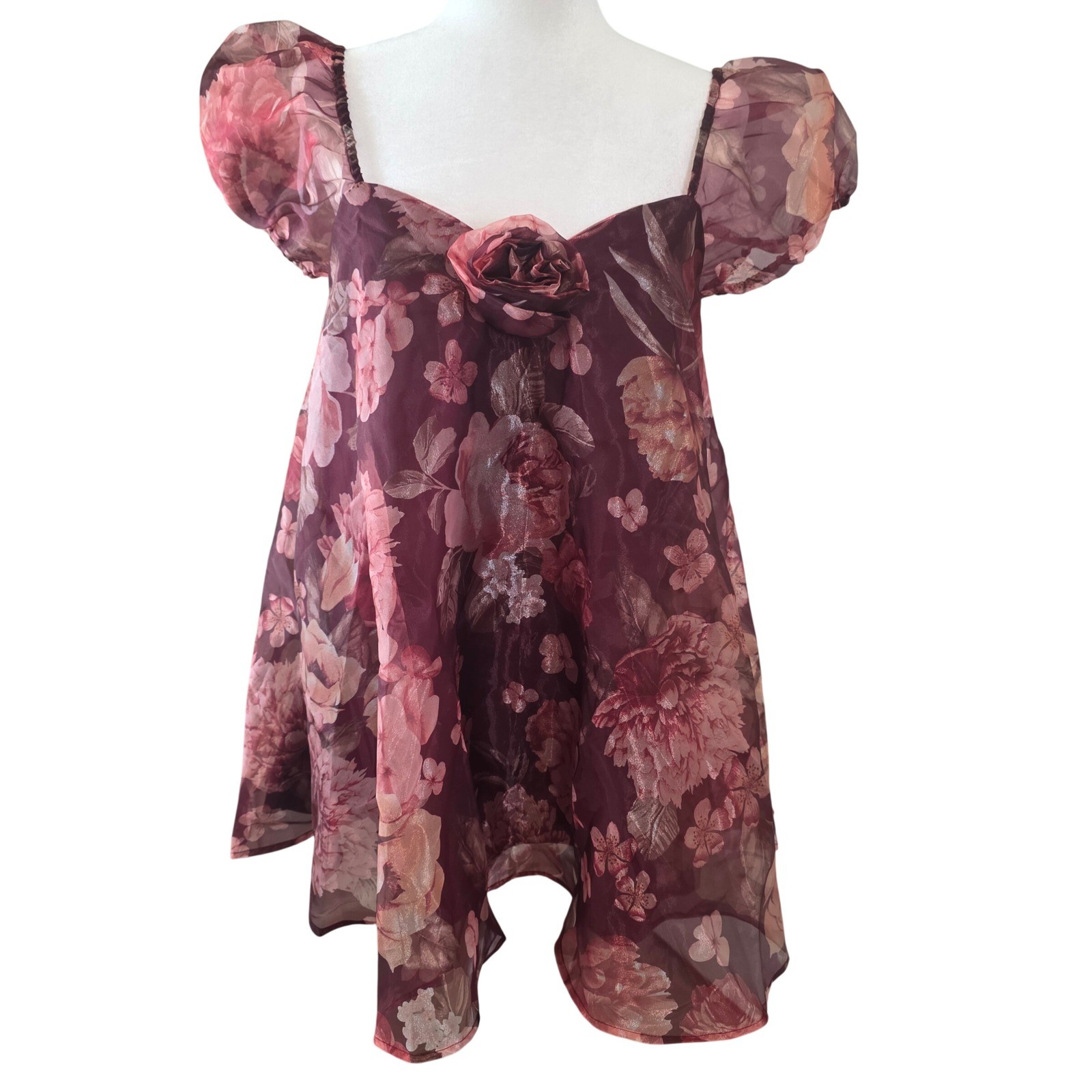 Lulus Mini Dress NWT Burgundy Wine Red Floral Rose Organza Babydoll Medium