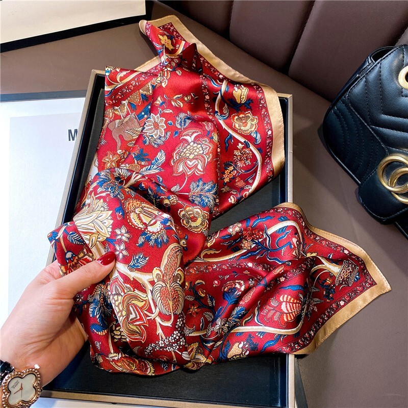 100% Mulberry Silk 27″ Square Scarf Women Neckerchief Wrap Vintage Red Flower