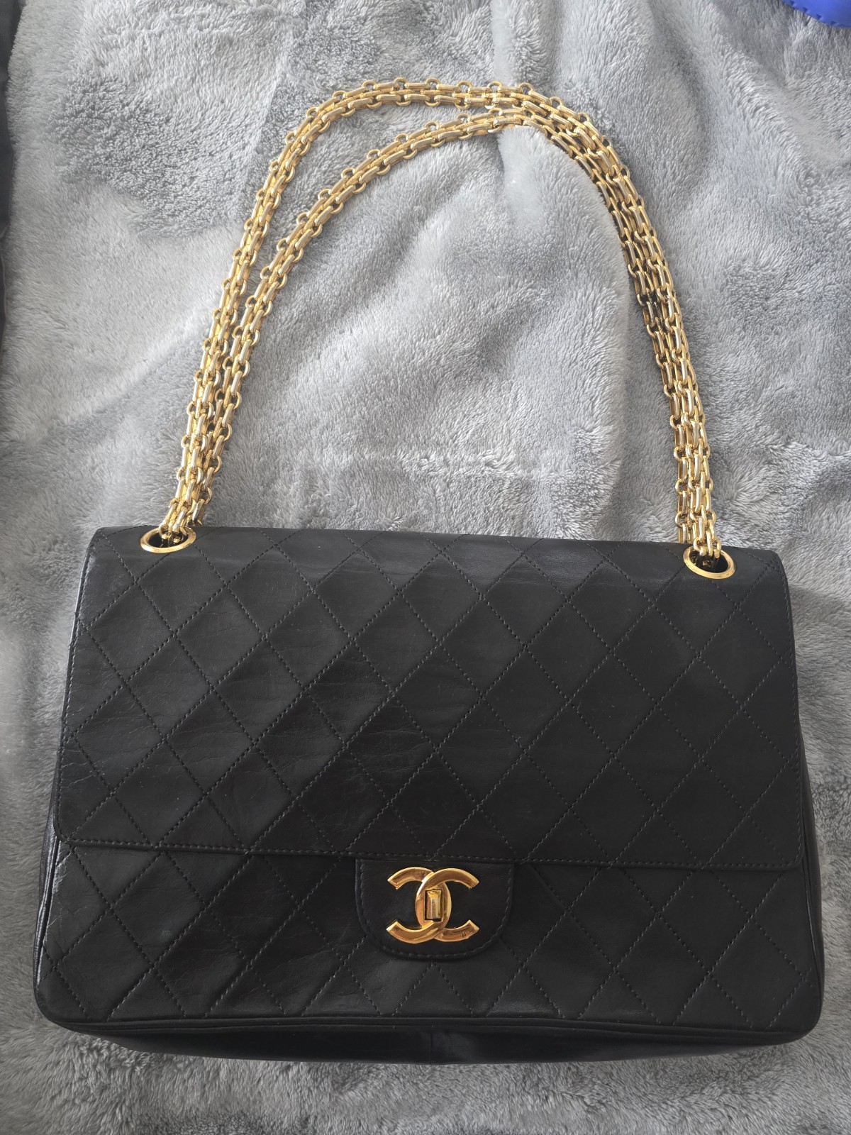 CHANEL Black Lambskin Double Flap Shoulder Bag with 2 Tone BIJOUX Chain