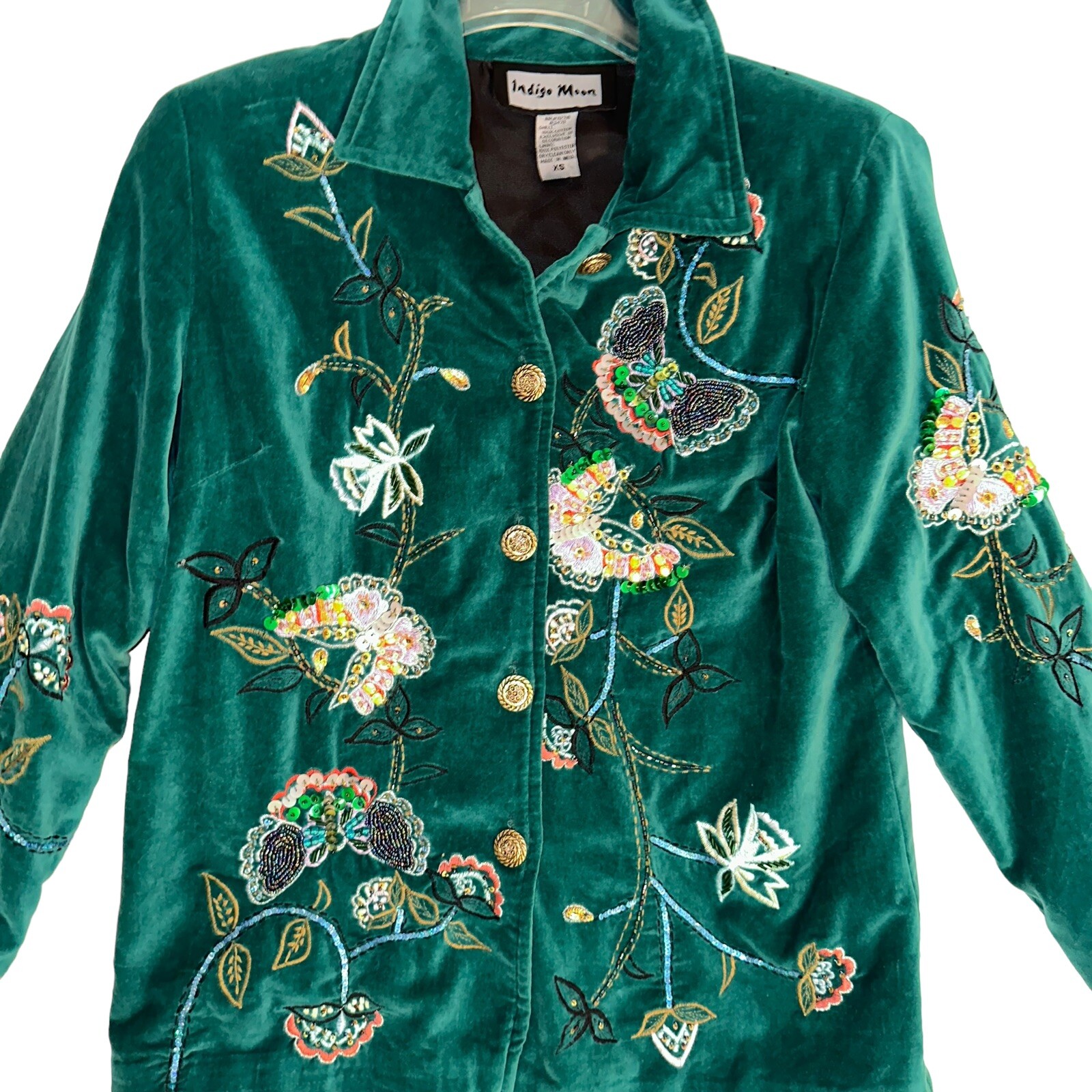 Indigo Moon Jacket Green Velvet Velour Embroidered Sequin Womens Boho Size XS