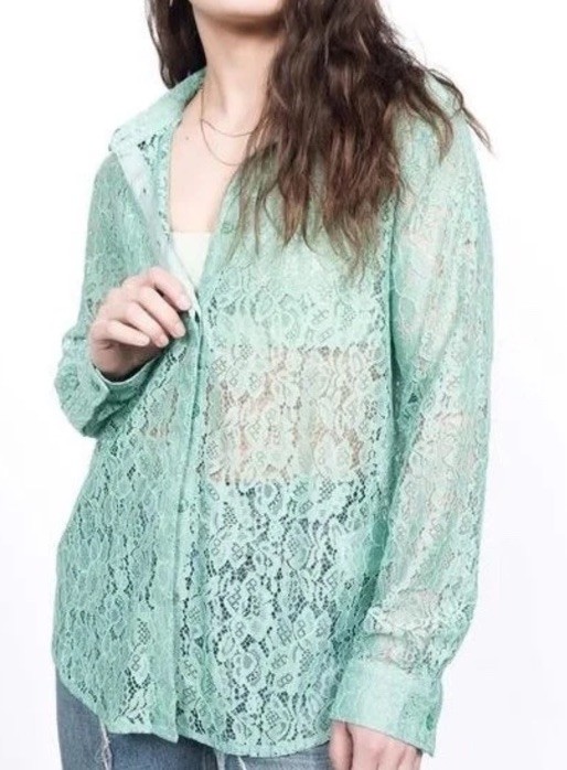 Wildfang Empower Lace Button Up Long Sleeve Shirt In Mint X-Large