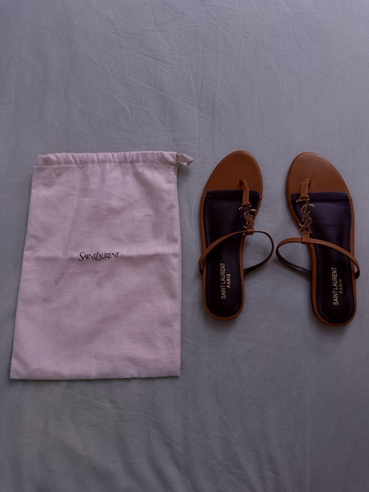 Saint Laurent YSL Logo Leather Thong Sandals Brown Black Gold Women 11