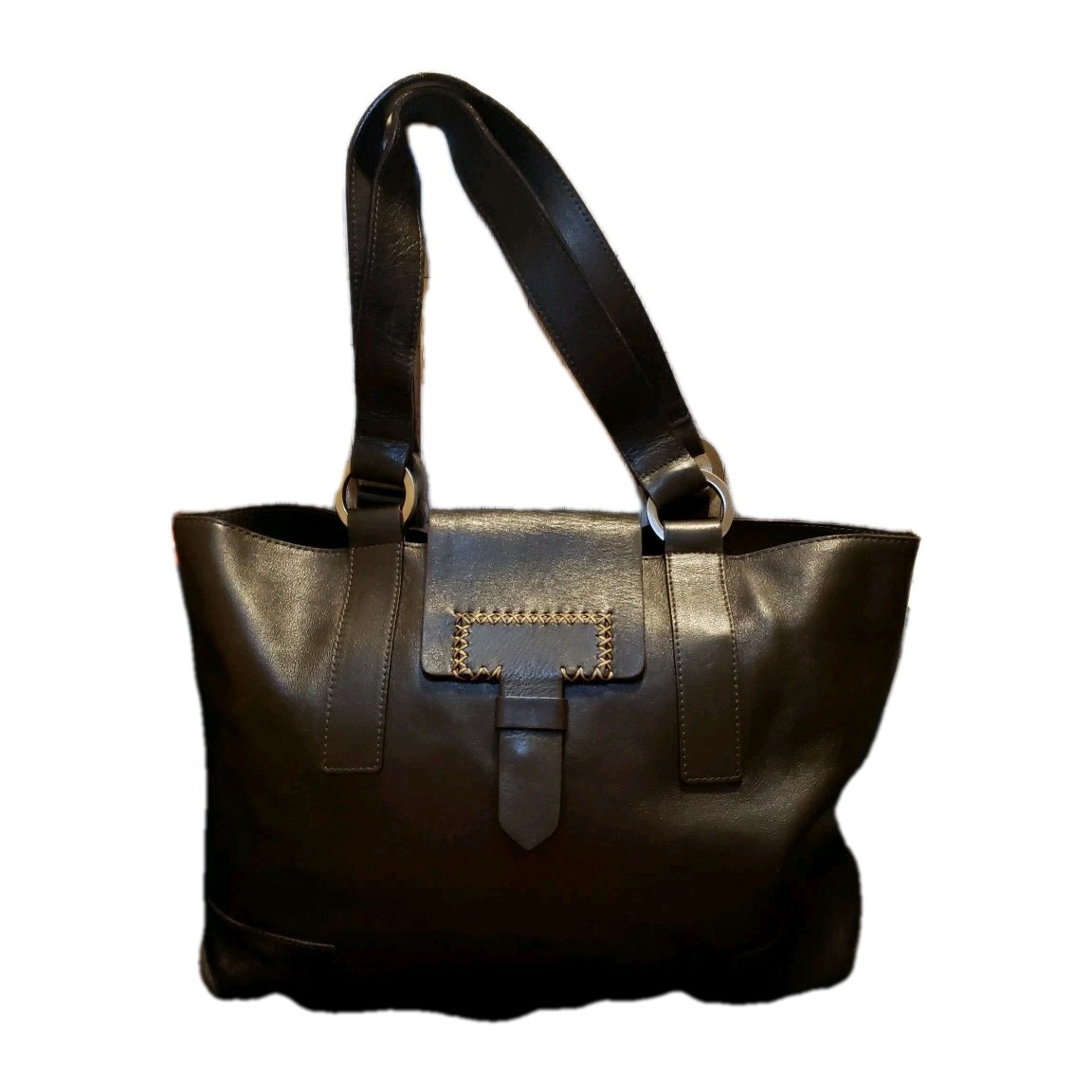 Falor Dk Brown Italian Leather Tote Bag Butter Soft Suede Lining Double Handle