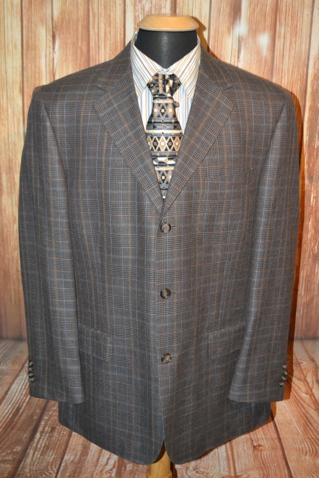 Kroon Men Wool Silk Check Brown 3 Front Button Sports Coat Sz 42R