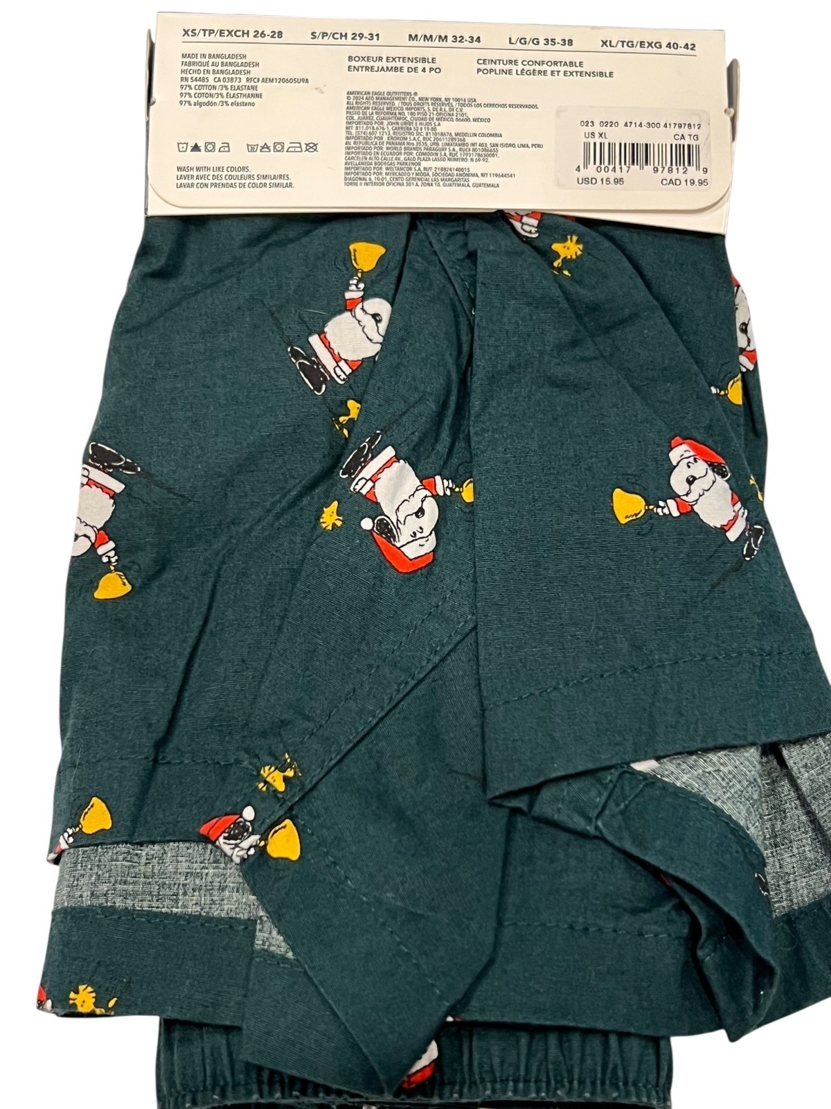 NWT AMERICAN EAGLE Stretch Boxer Sz XS-S-L-XL Green Red Santa Snoopy #42