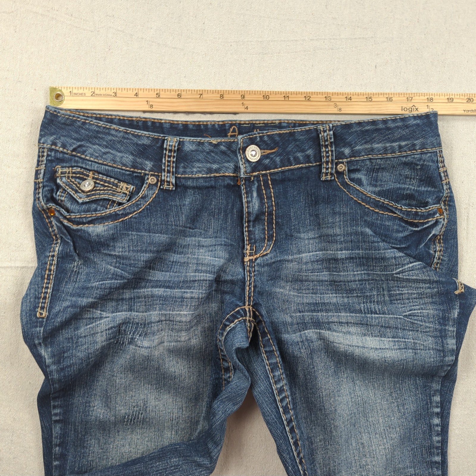 Amethyst Jeans Womens 16 Blue Boot Cut Cropped Low Rise Thick Stitch Flap Pocket