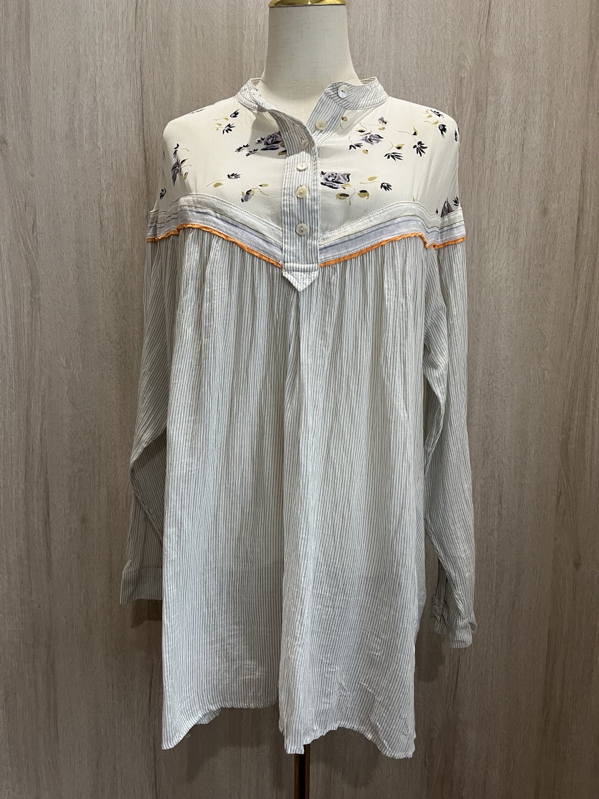 Free People Hearts & Colors Floral Yoke Cotton Tunic Top Pockets Boho M
