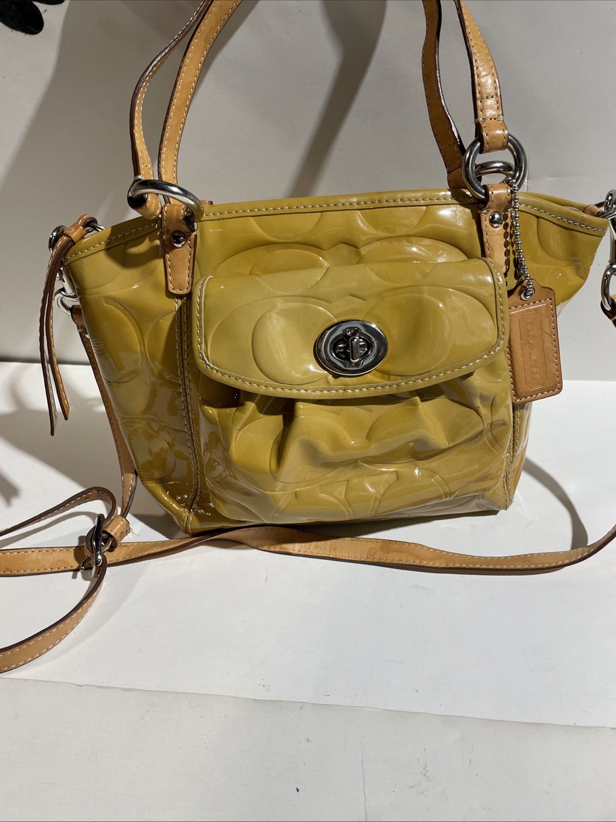 Coach Leah Yellow Patented Leather Signature Embossed F14729 Bag