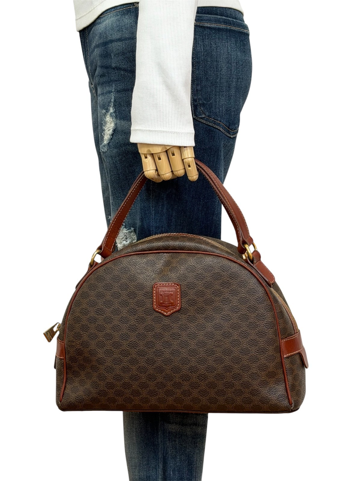 Vintage Celine Macadam Dome Hand Bag PVC Leather Brown Authentic