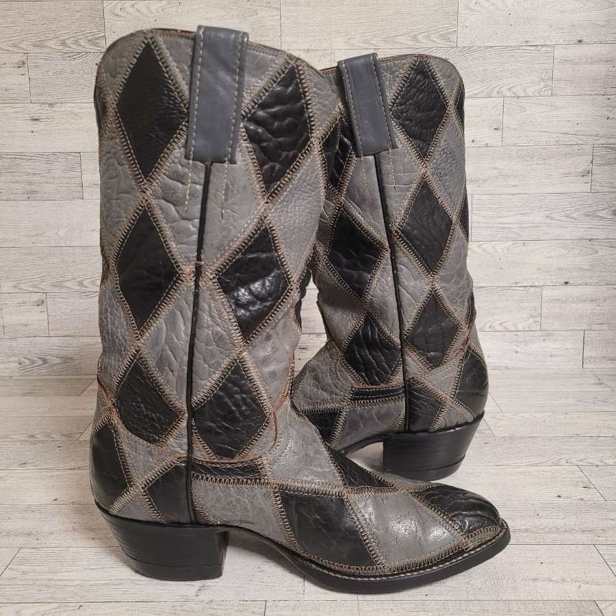 Men’s Cowtown Patchwork Black Grey Bullhide Leather Rodeo Cowboy Boots Size 7.5