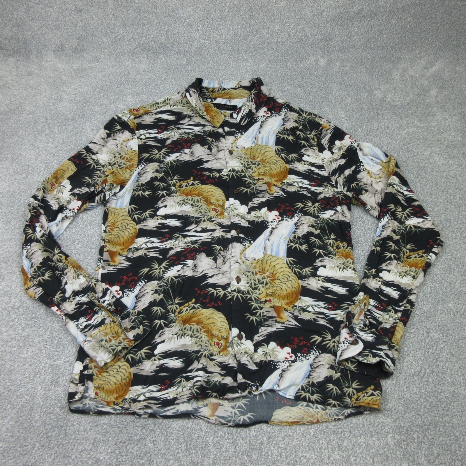 All Saints Shirt Mens Medium Black Sumatra Oriental Hawaiian Archive Tiger Print