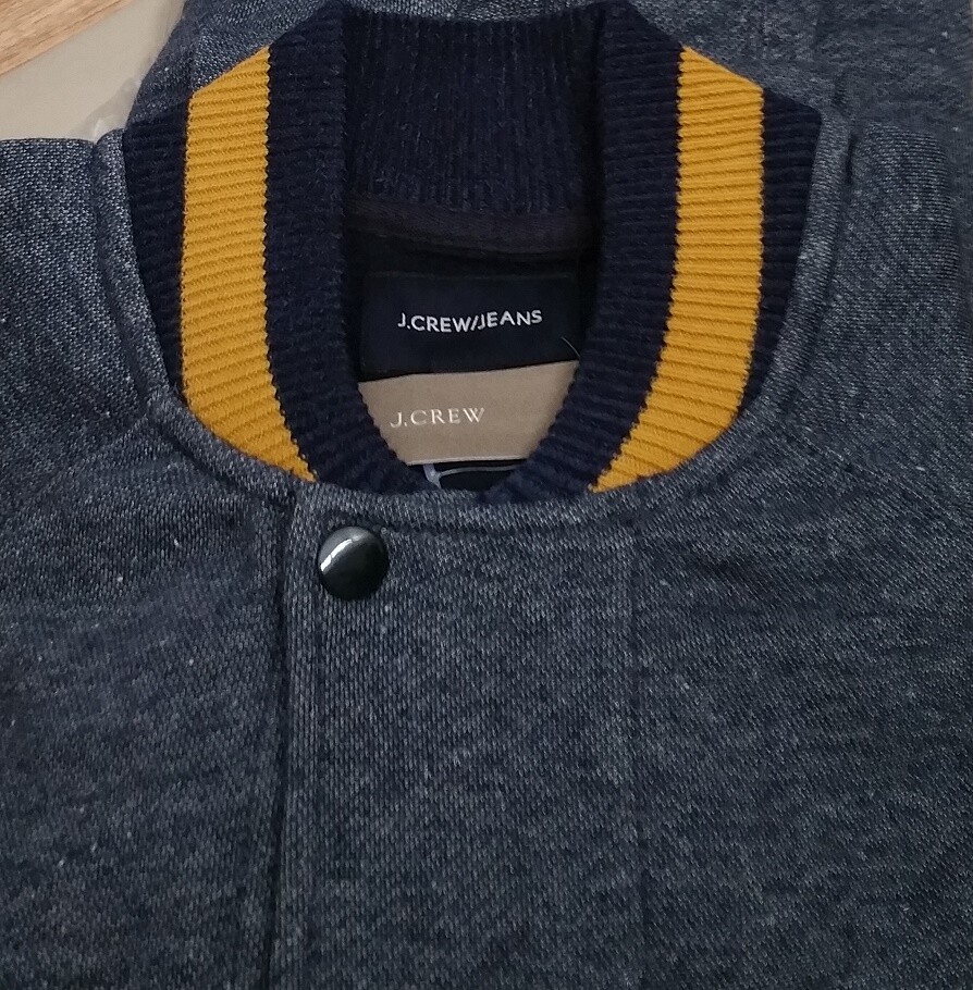 J.CREW varsity knit jacket fleece college letterman navy blue stripe sweater L