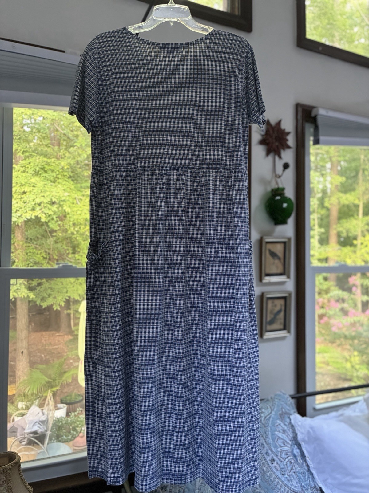 Vintage Eddie Bauer Blue Gingham Plaid Cotton Maxi Dress Pockets M Petite