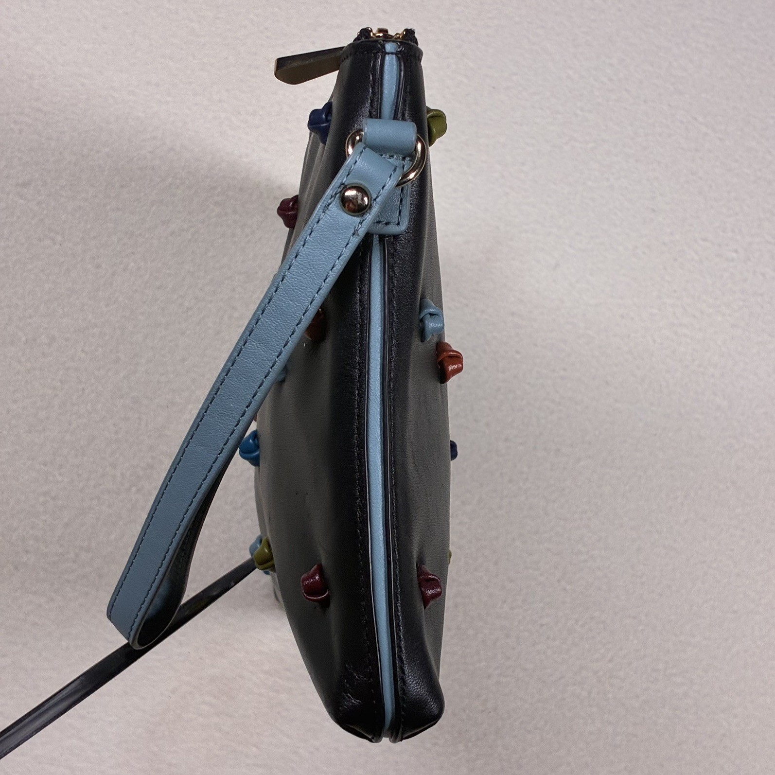Tehra & B Black Leather Wristlet Clutch Hand-tied Signature Knots Blue Trim