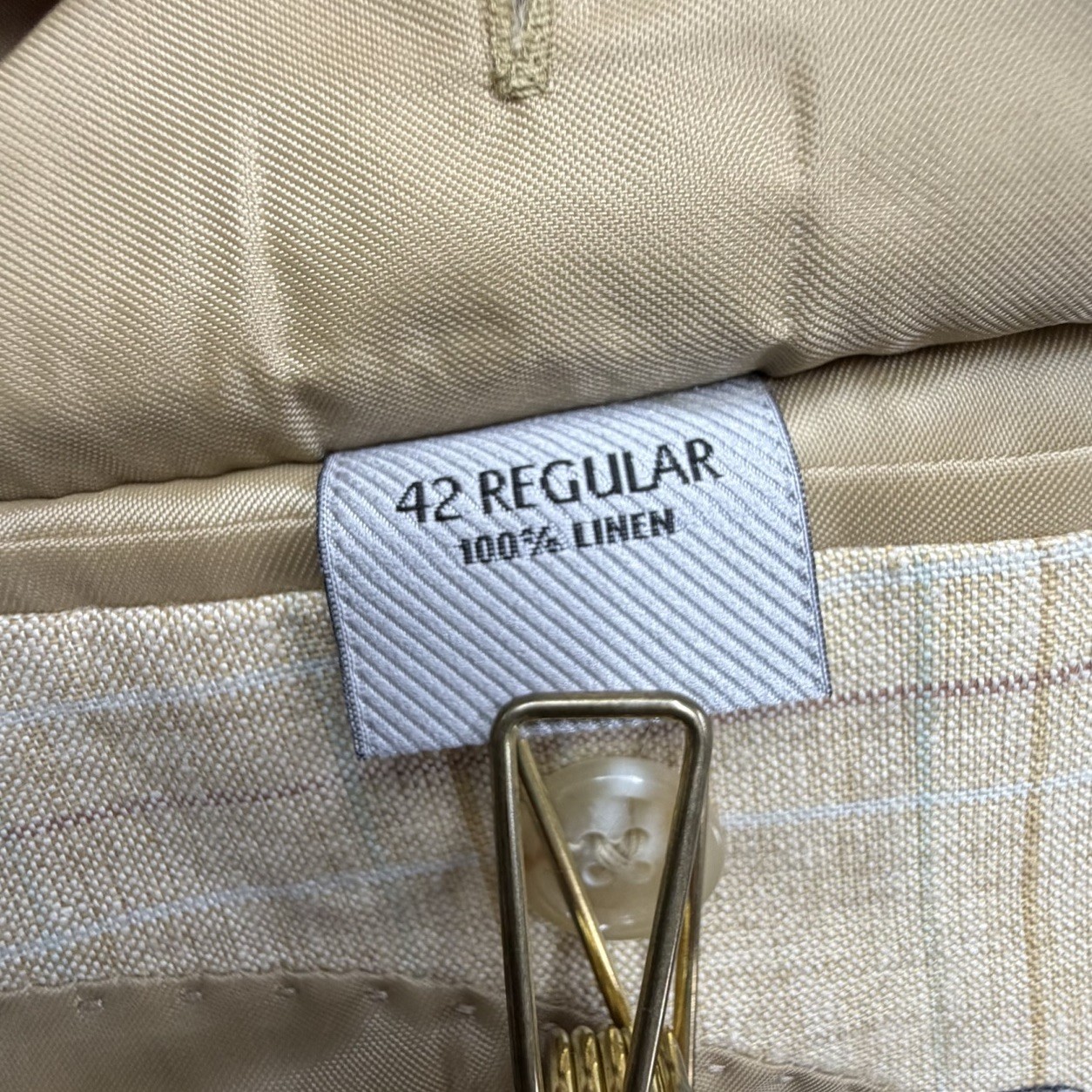 Haspel Blazer 42R Beige Windowpane Plaid 100% Linen 2-Button Sport Coat Jacket