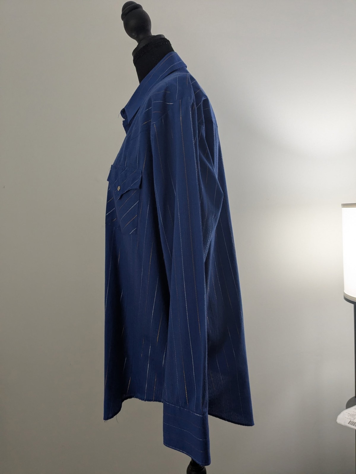 Vtg 80s Ely Cattleman Western Shirt 16.5 35 Blue Gold Lurex Metallic Pearl Snap