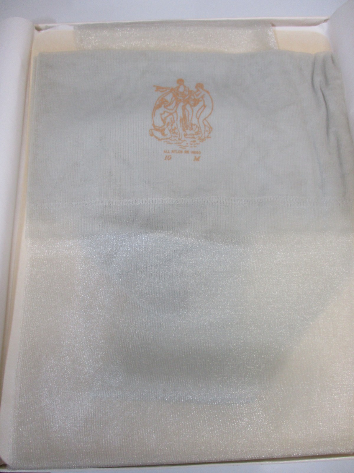 1 PR VINTAGE NINA RICCI RT FLAT KNIT SHEER NYLON STOCKINGS 110M SPARKLE SILVER