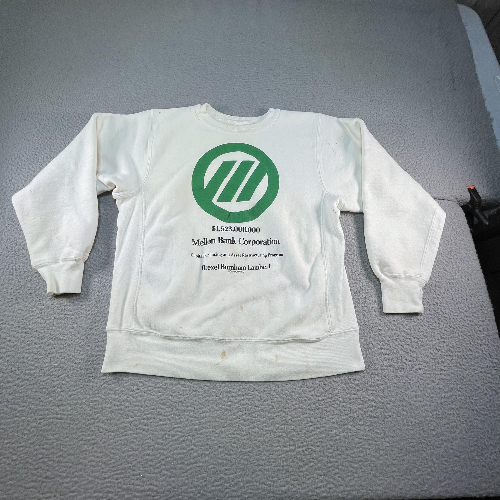 Vintage Cross Grain Sweatshirt Mens Large White Mellon Bank Graphic Money USA