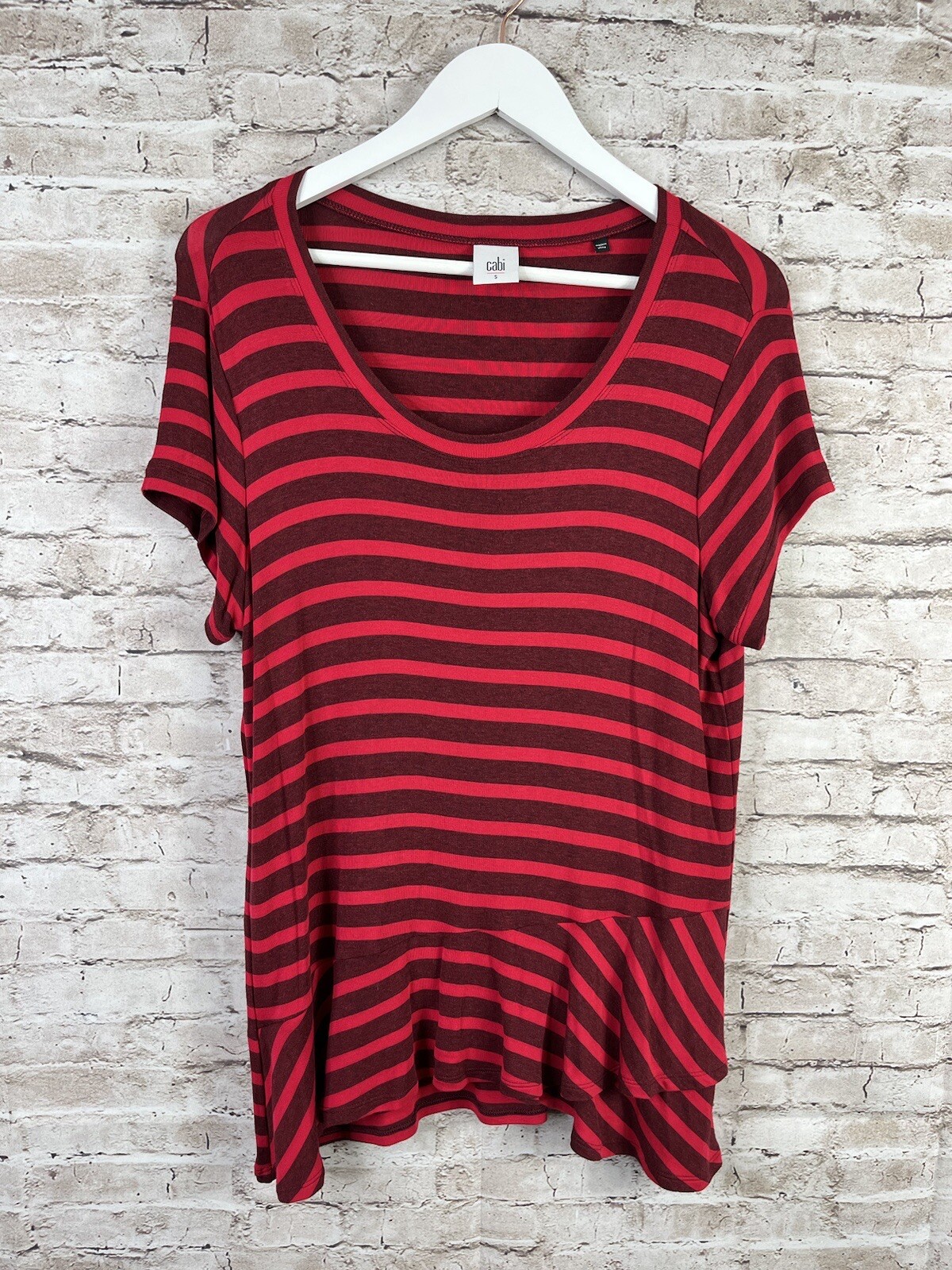 CAbi #3631 Sweet Talk Red Striped Peplum Ruffle Blouse Women’s Size Small