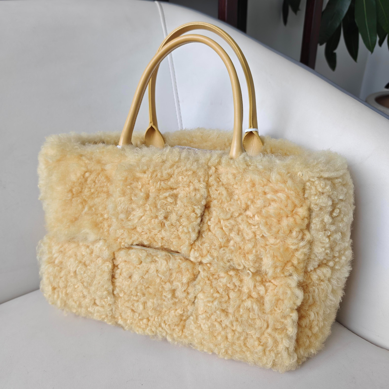 Authentic Bottega Veneta Plush Tote Bag Shearling and Leather Tote Bag Yellow