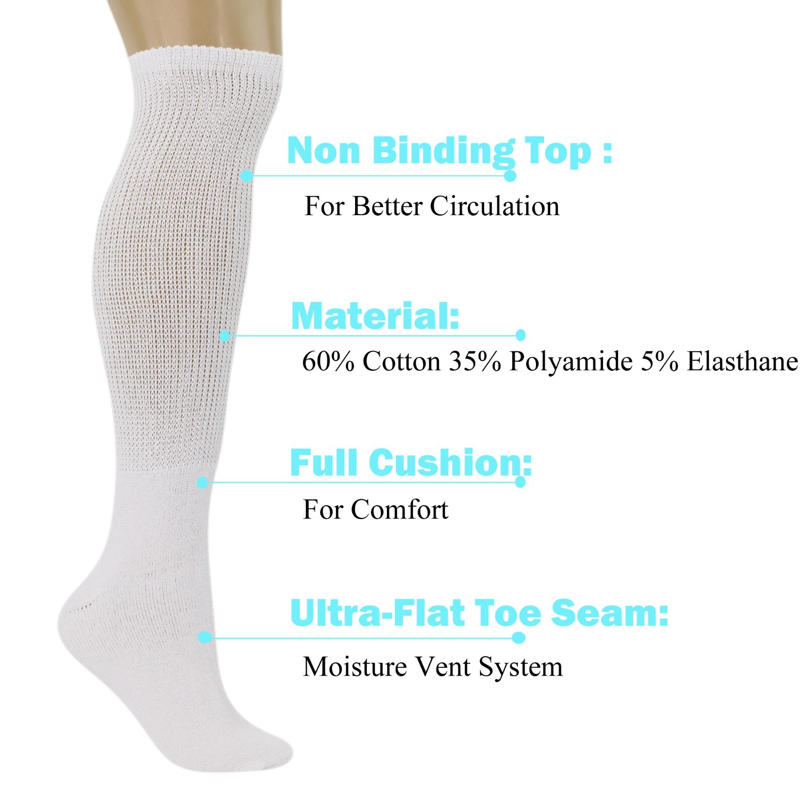 White Diabetic Over The Calf Socks Full Cushioned Sole Non Binding Top 3 Pairs