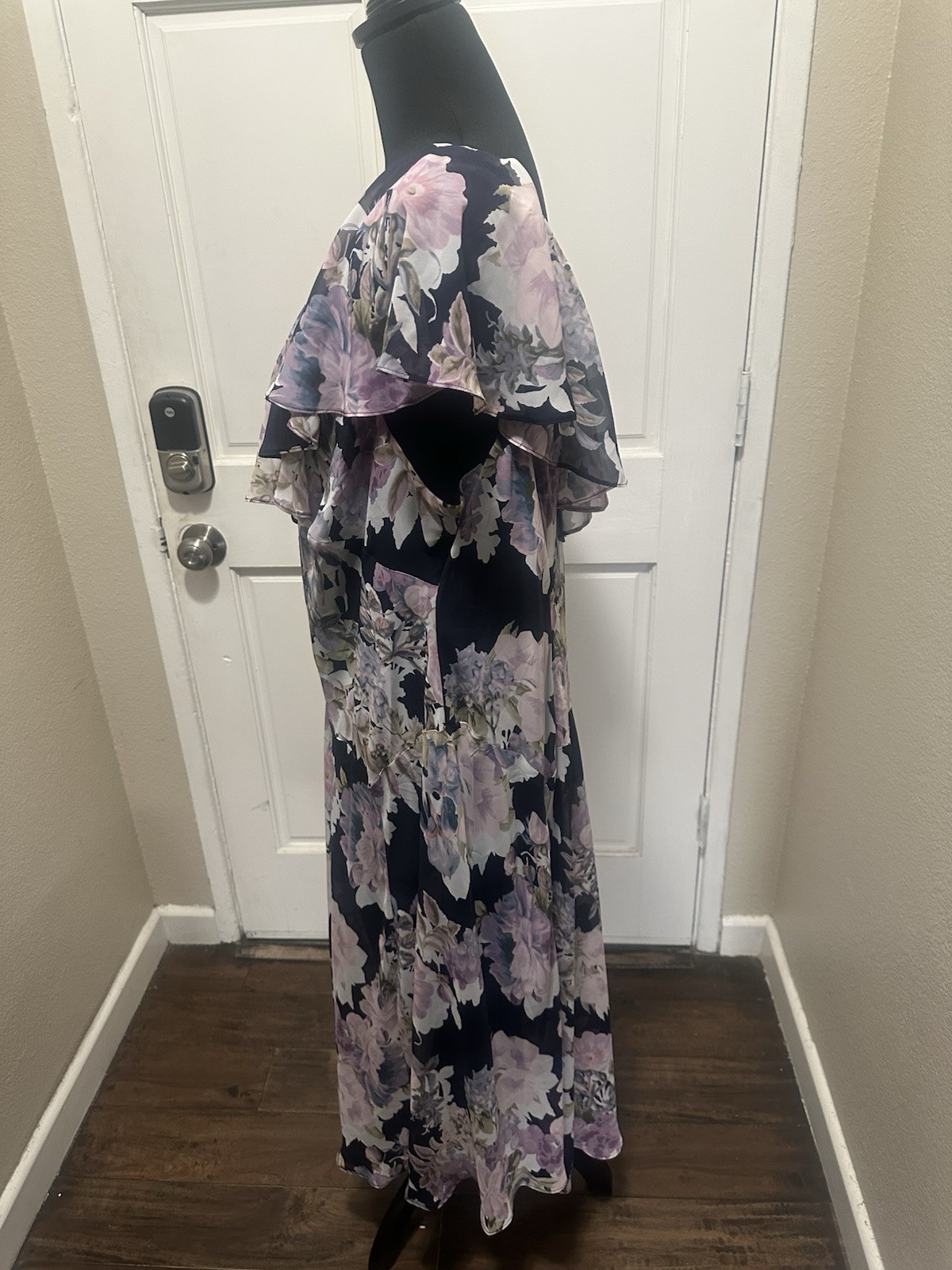 Connected Apparel 22W Navy Purple Floral Chiffon Maxi Dress V-Neck Ruffle