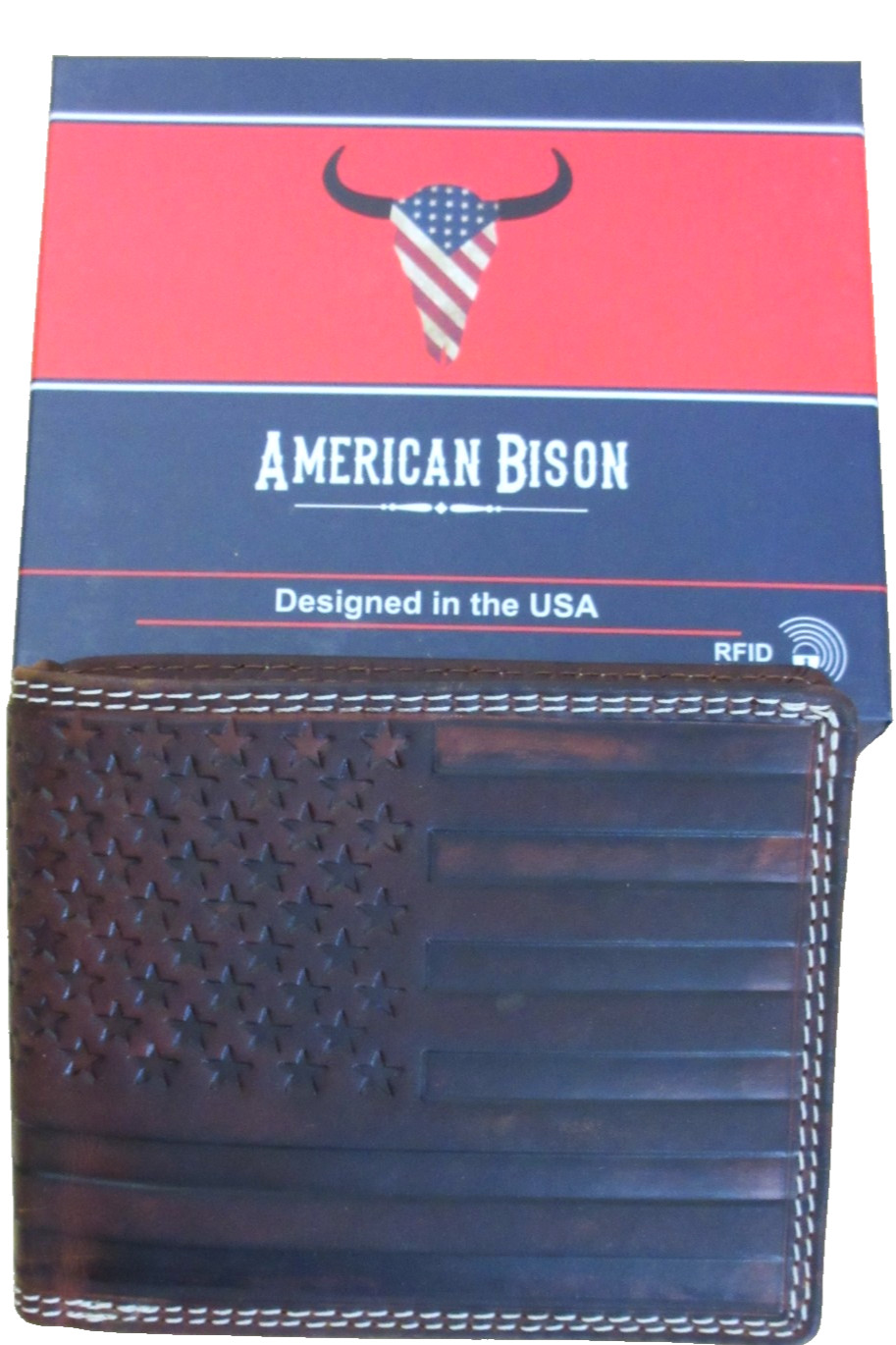Men’s Distressed Leather American Flag Bifold Brown Embossed Leather Wallet NIB
