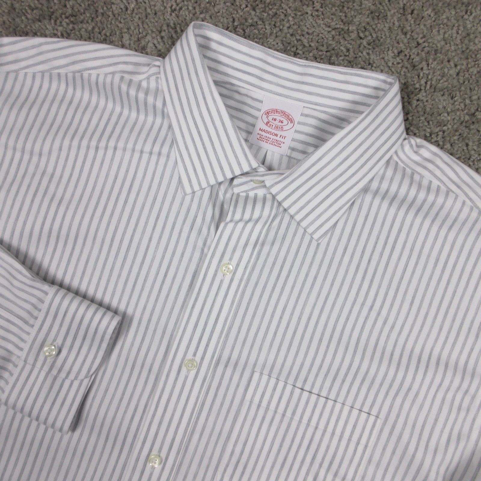 Brooks Brothers Shirt Mens 2XL 18 36 White Gray Striped Non Iron Dress Button Up