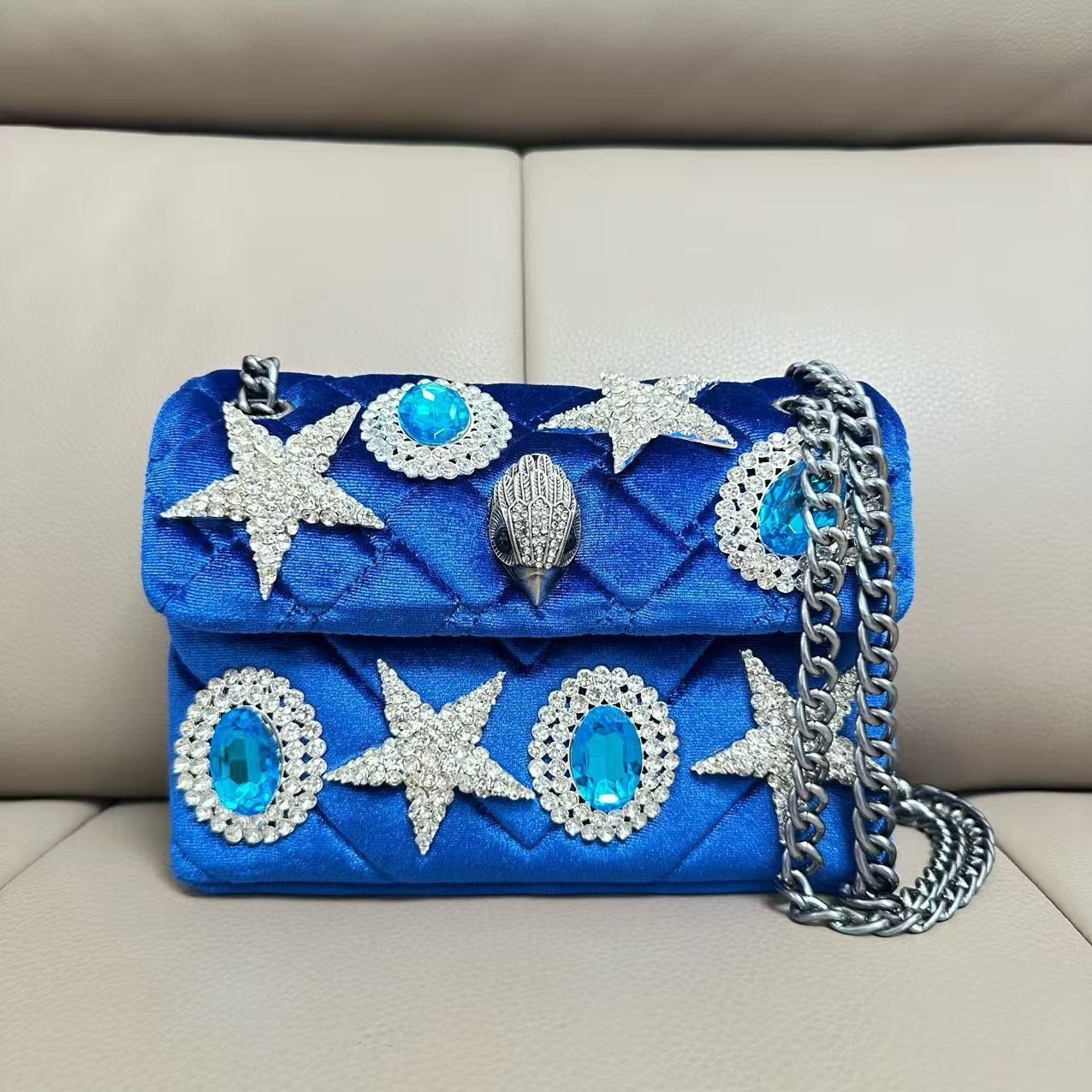 Kurt Geiger London Cobalt Velvet Quilted Crossbody Silver Eagle Star 20×8×15 cm