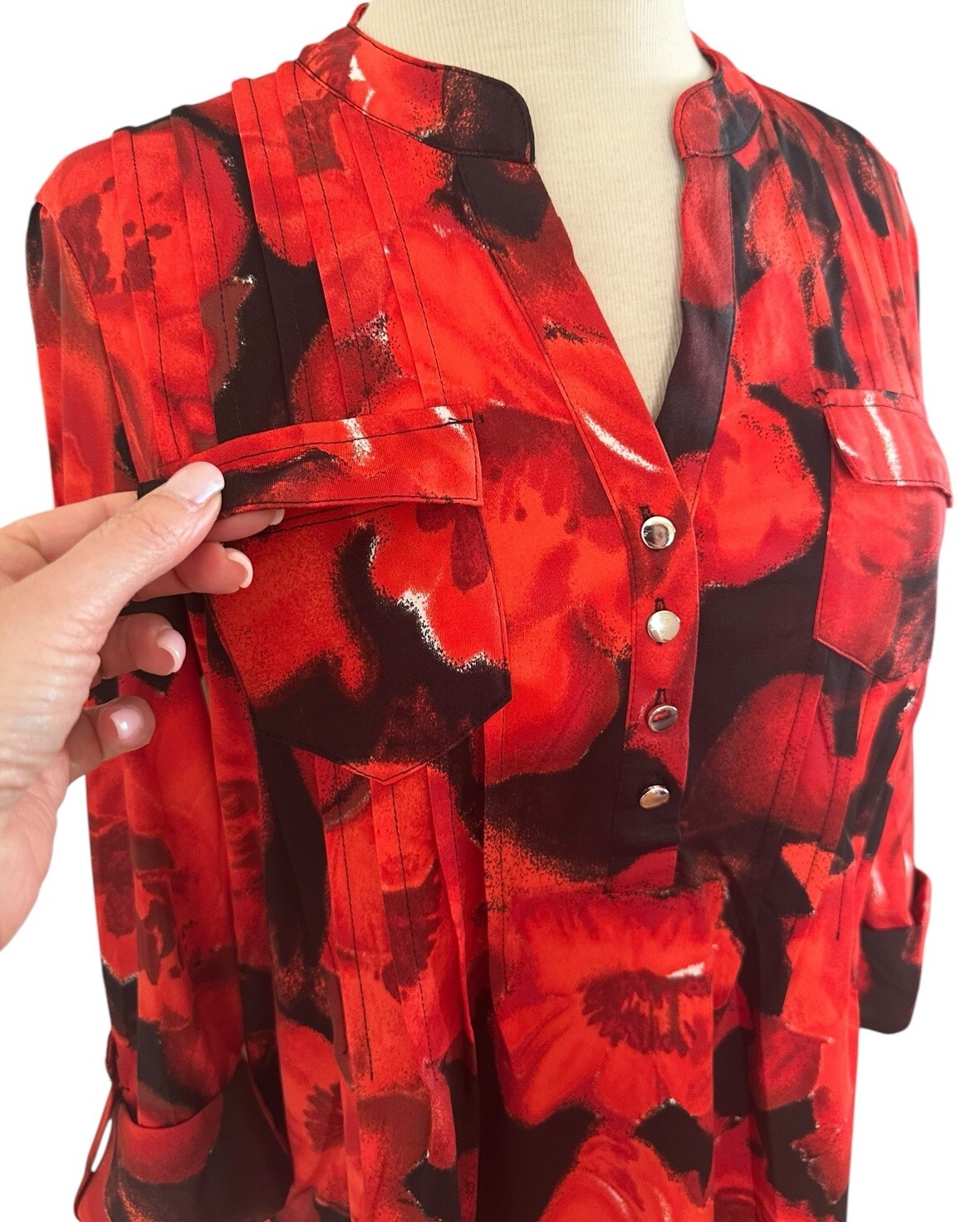COCOMO XL Orange Red Black 3/4 sleeve women’s Pintuck Blouse Tunic shirt