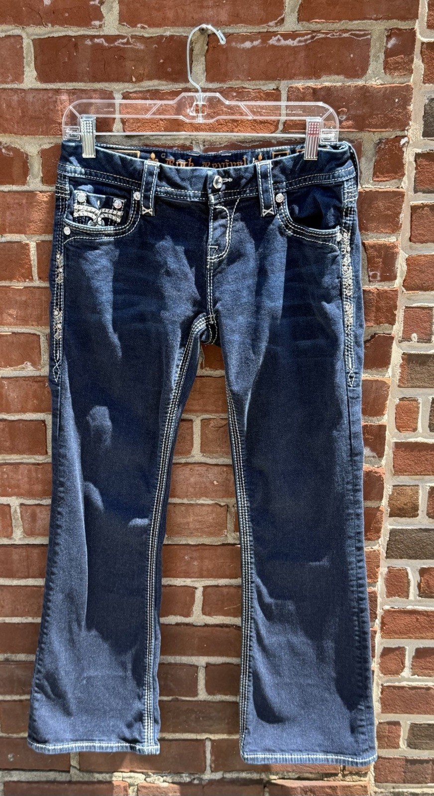 Rock Revival Women’s Bootcut Jeans Blue Dark Wash Denim Cotton 5-Pocket Logo