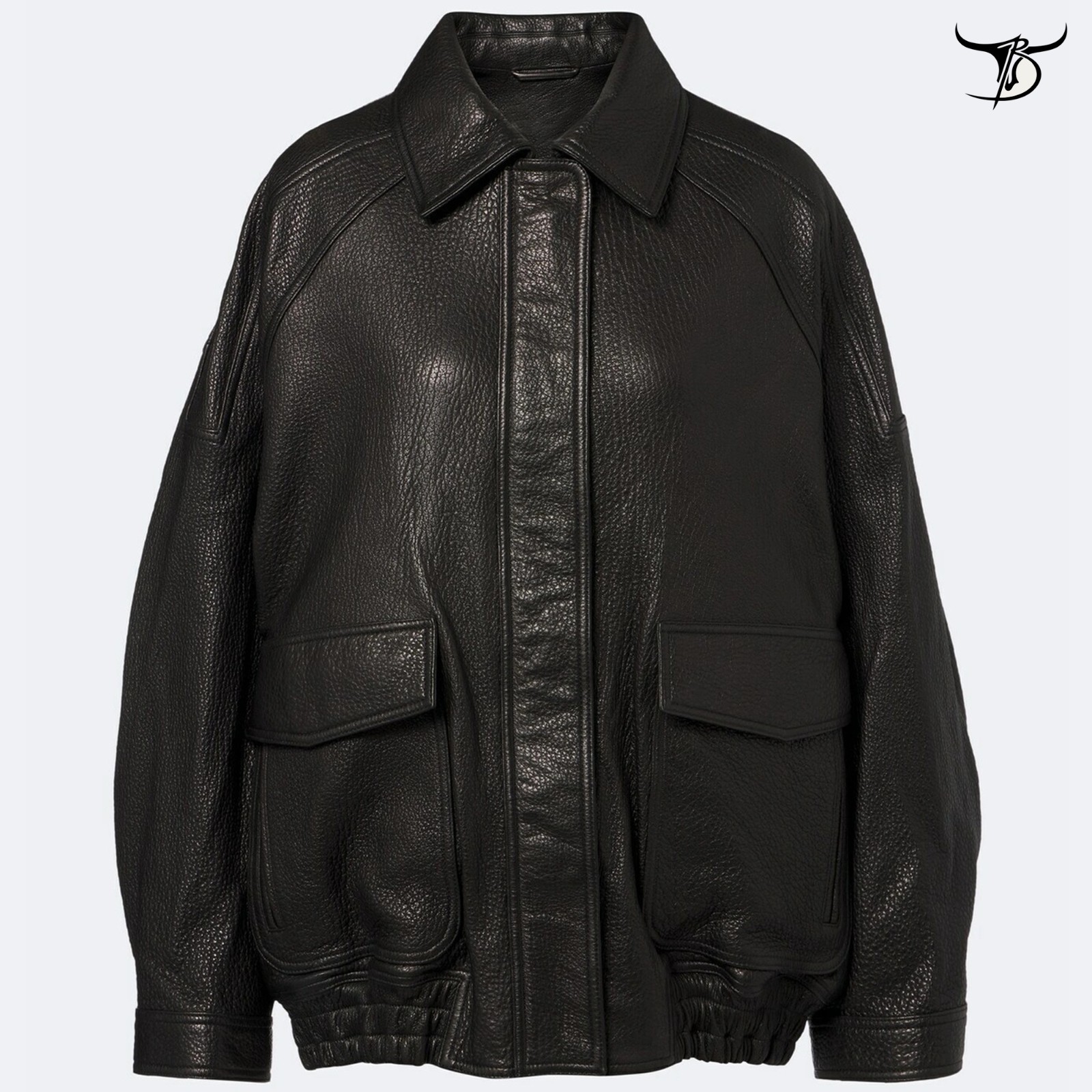 Women’s Black Lambskin Leather Bomber Jacket Oversized Pebbled