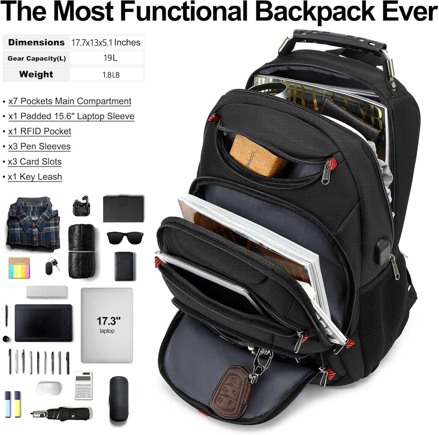 Laptop Backpack for Men, 15.6 Inch Laptop Bag with USB Port, Waterproof Travel W