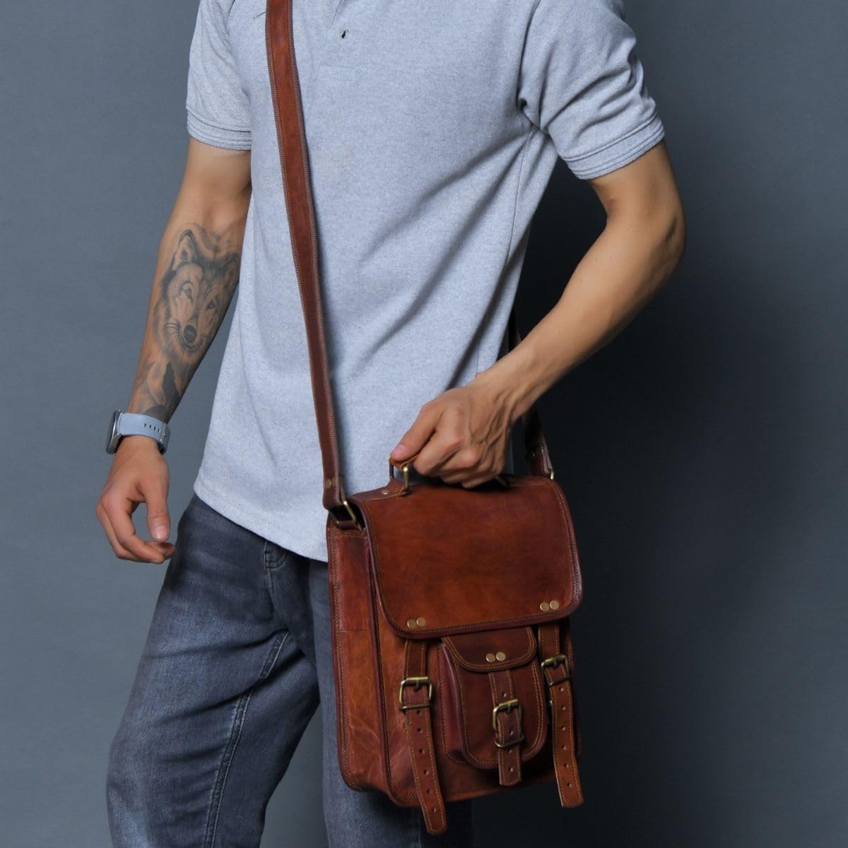 Leather Messenger Satchel Bag9x11Brown Crossbody Tablet Bag for Men +FreeJournal