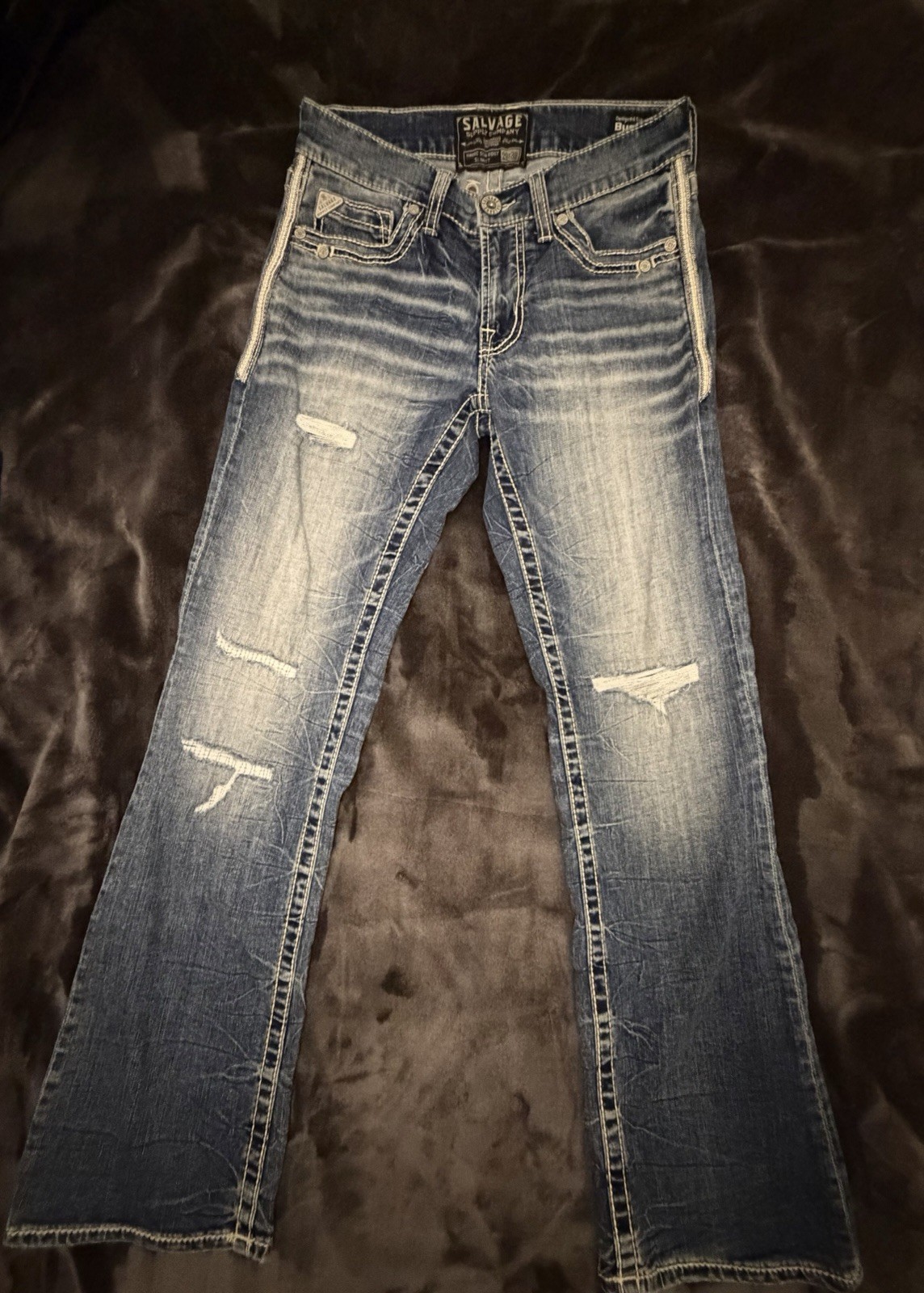 Salvage Men’s Blue Medium Wash Bootcut Denim Jeans Distressed 5-Pocket Low