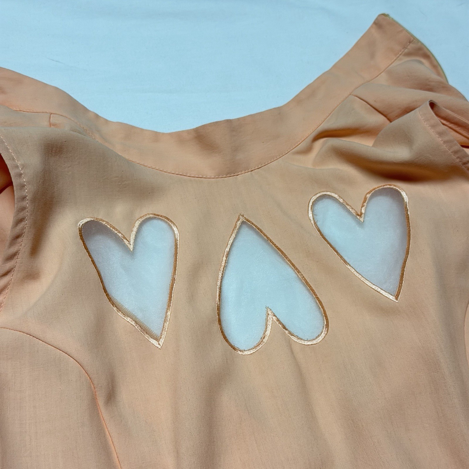 Vintage 90s Seize Sleeveless Mock Neck Top Salmon Pink Heart Cutout Sheer S Y2K