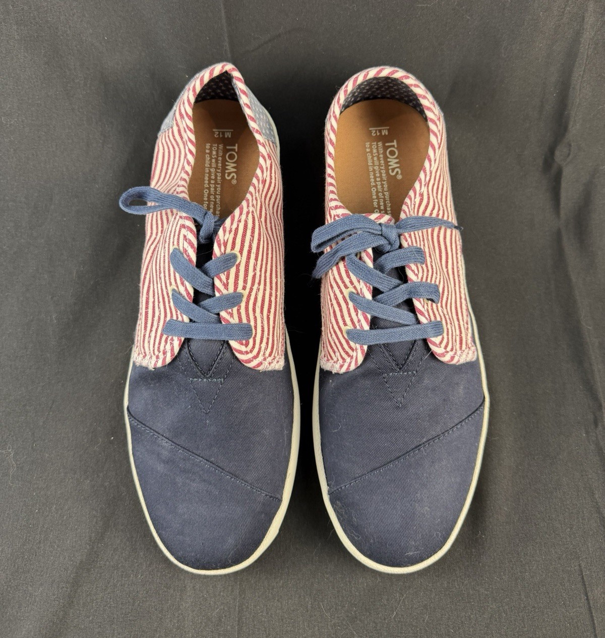 TOMS Men’s Canvas Lace-Up Sneakers Striped Blue/Red/White Round Toe Sz 12