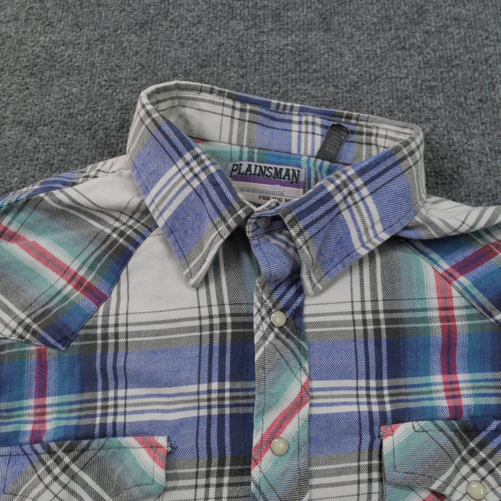 Vintage Plainsman Shirt Mens 2XL Blue Plaid Pearl Snap Western Country 90s