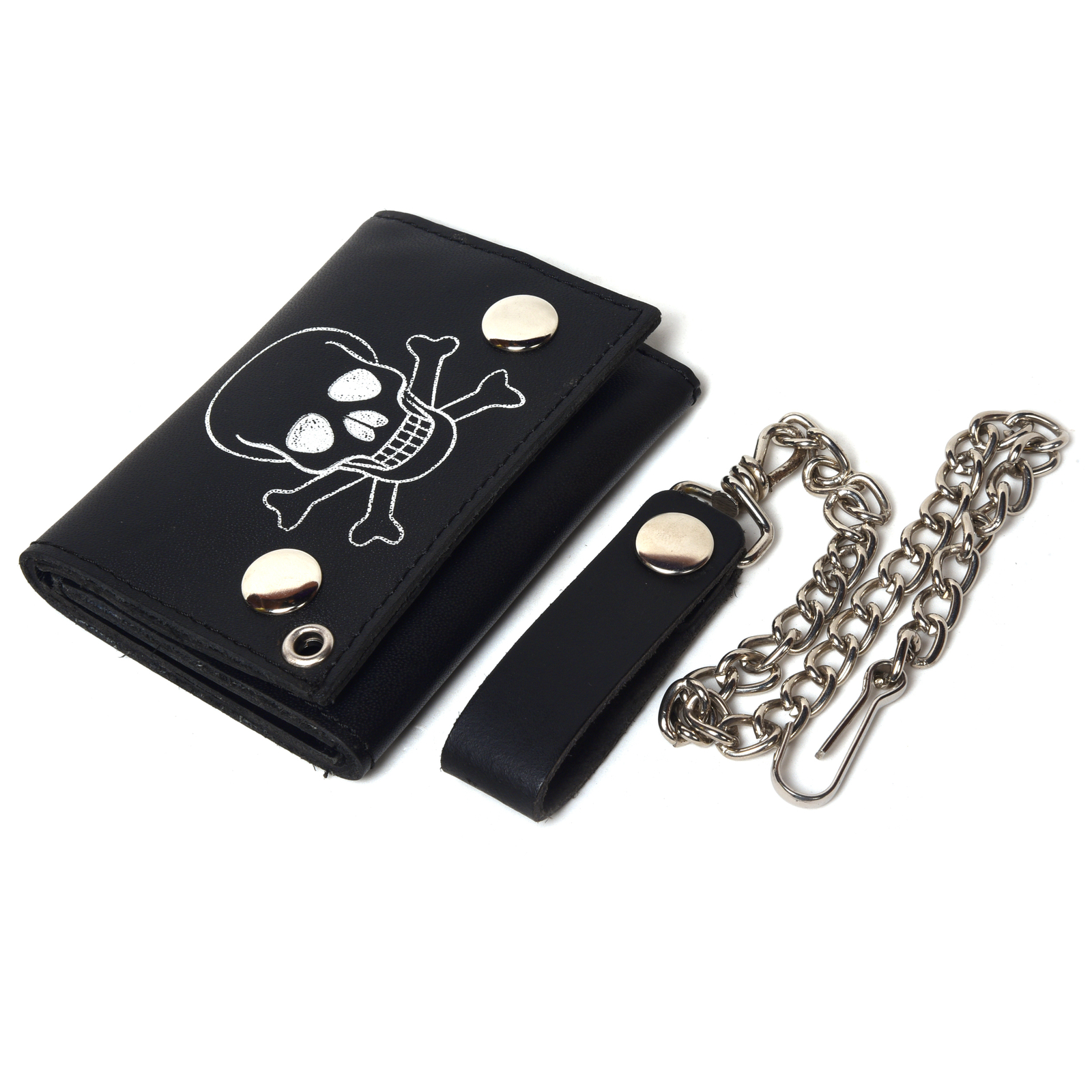 Leatherboss Genuine Leather Men Skull and Bones Trifold Wallet Chain Biker,Black