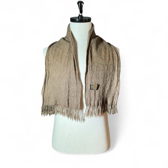 100% Pure Wool Scarf Tan Brown Houndstooth Fringe