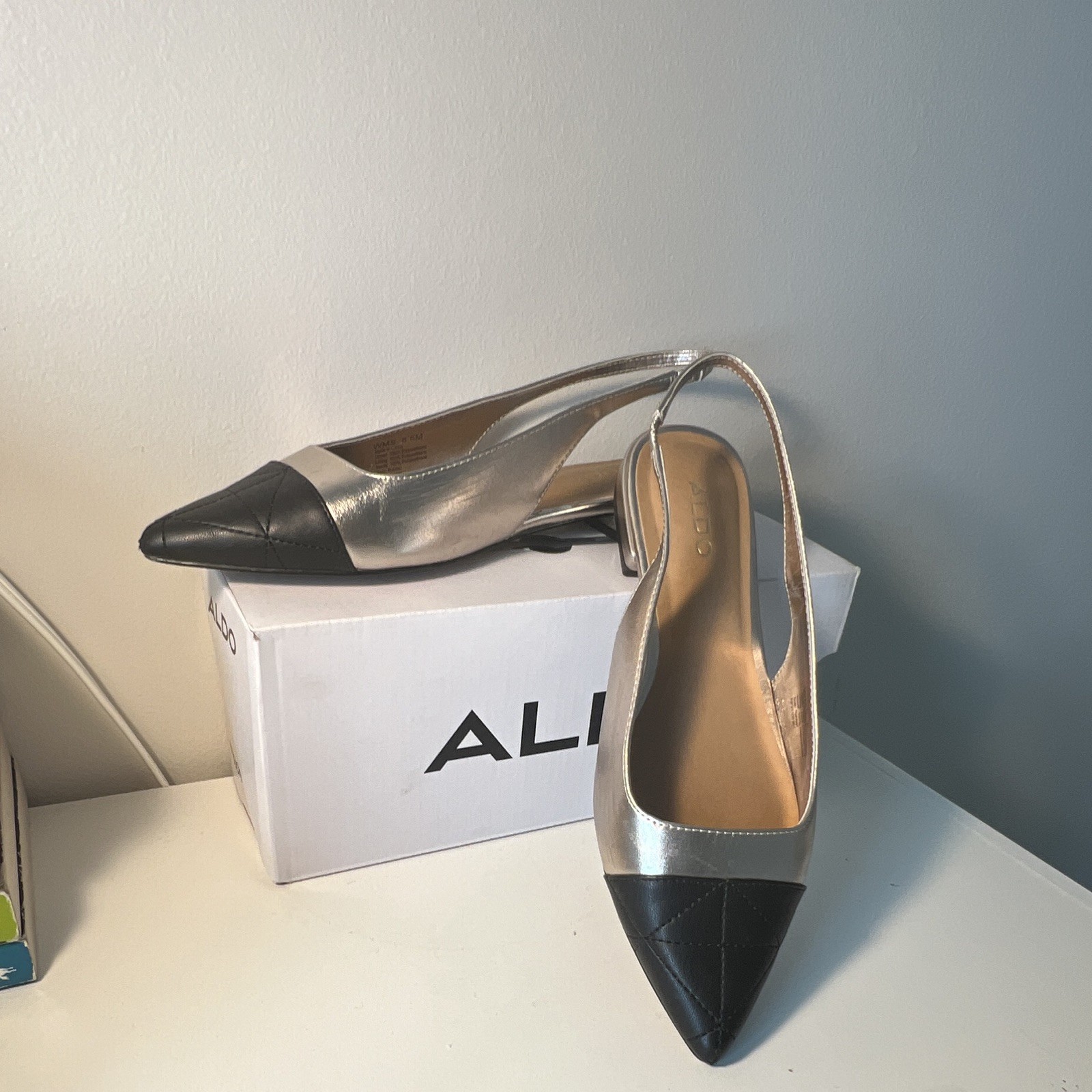 ALDO Women’s Pointed Toe Slingback Flats Silver/Black Quilted Cap Toe 6.5M