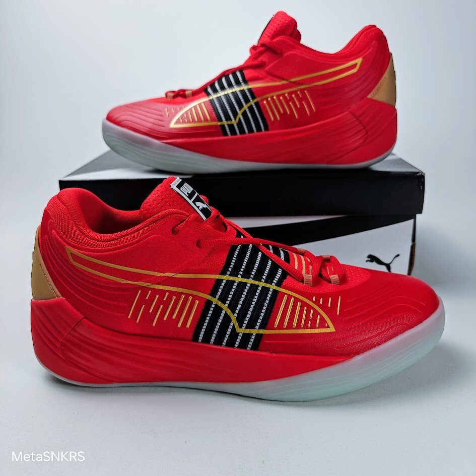 Puma US 11.5 Men’s Red Black Gold Basketball Light Fusion Nitro 195587 04 NIB
