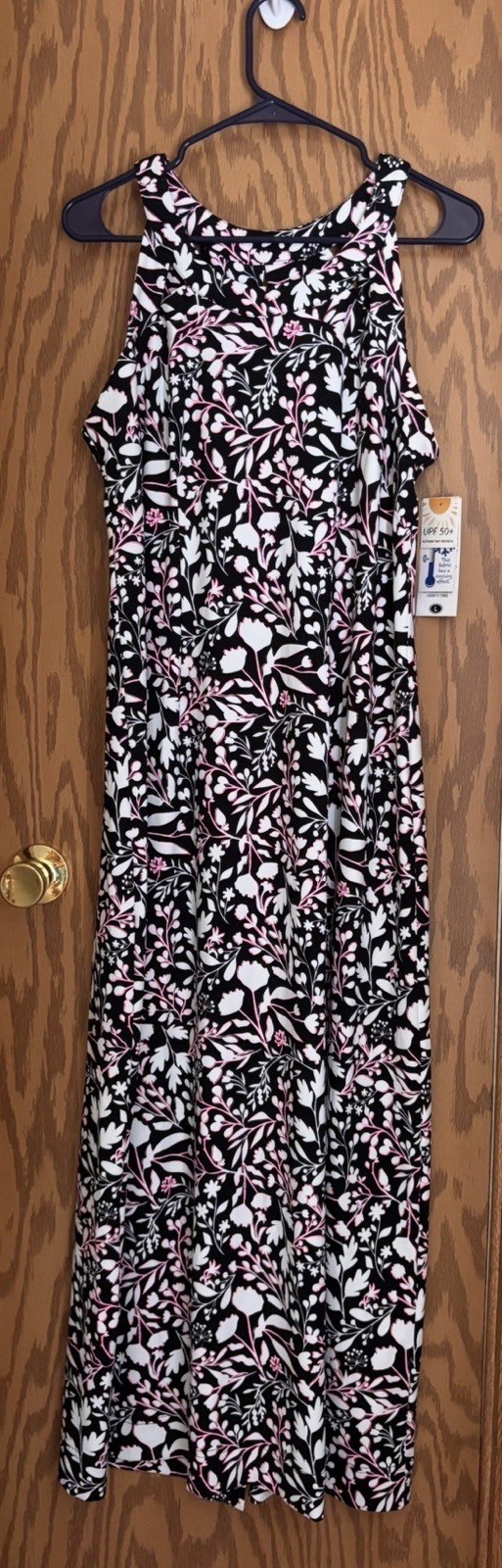 Lulu B Maxi Sleeveless Dress Size L New Black White Pink Floral Cooling UPF 50+