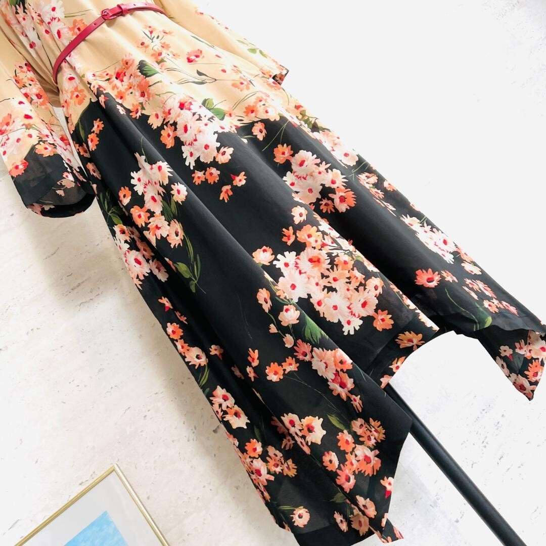 MaxMara Silk Floral Asymmetrical Long Dress Leather Belt Auth