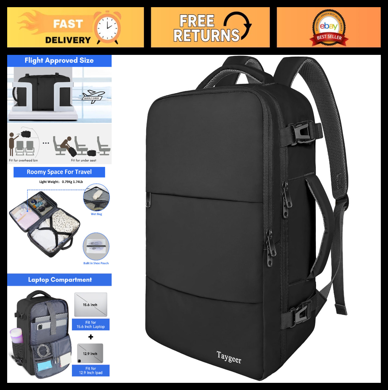 Travel Laptop Backpack for Men, 15.6″ Water-Resistant College Bookbag, 35L, Ligh