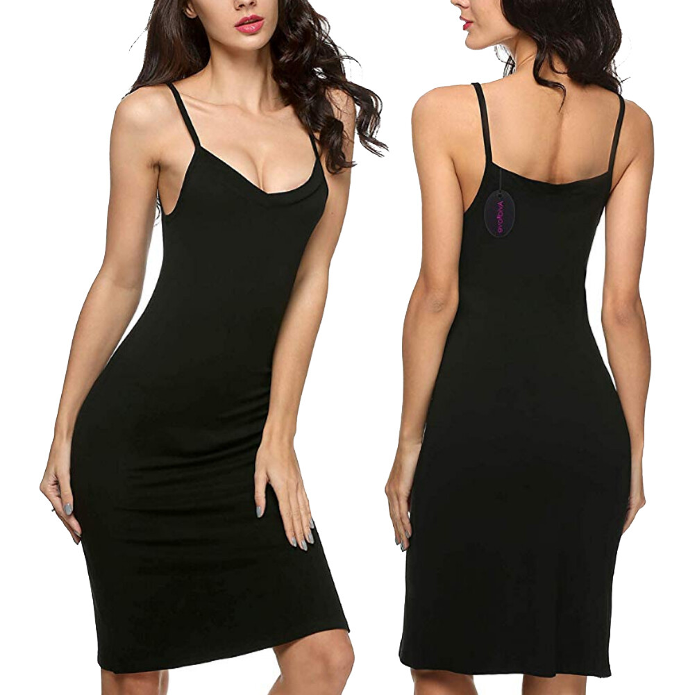 US Women Long Cotton Blend Spaghetti Strap Full Slip Under Dress Liner Nightgown