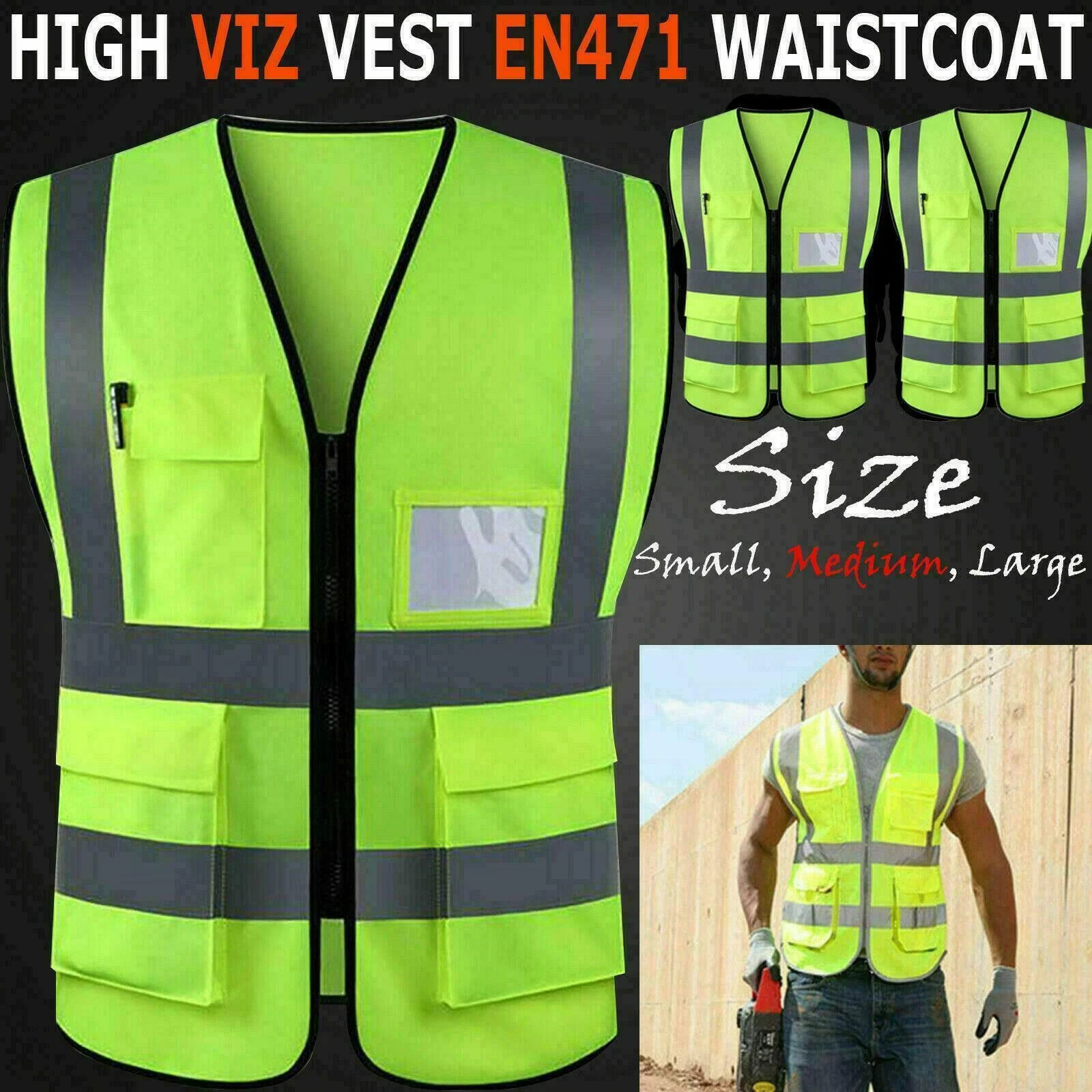 Hi Vis Viz Visibility Vest Reflective High safety With Pockets ID waistcoat UK
