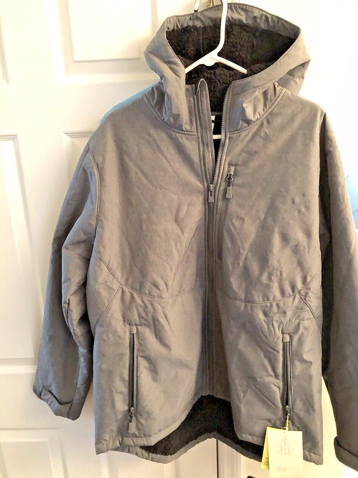 All in Motion GRAY PLUSH Lined Soft Shell hooded Jacket Coat- Zippered pockets