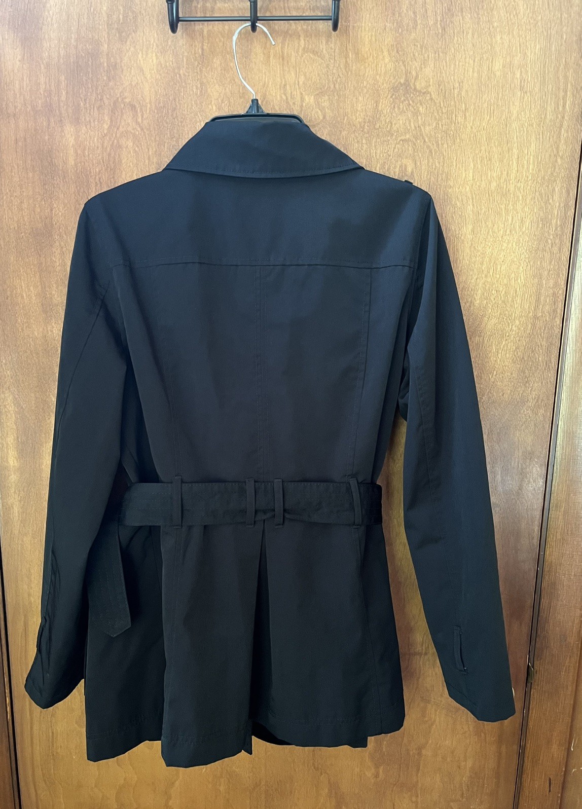 Worthing Black Trench Rain Coat Women’s Size L Mid Length Jacket Belted Classic
