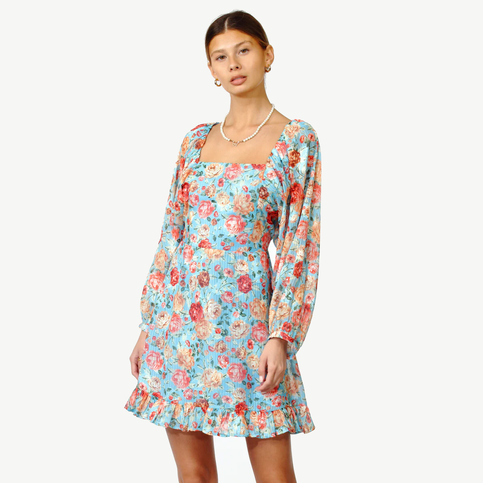 Adelyn Rae Medium Blue Floral Vero Poet Sleeve Ruffle Hem A-Line Square Neck B29